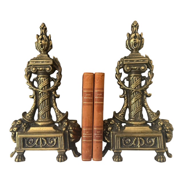 Pair of Antique Brass Neoclassical Andiron Fronts Reimagined as Decorative Bookends - A Pair For Sale