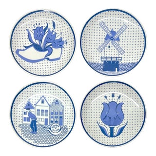 Vintage Blue & White Side Plates With Naive Style Illustrations of Dutch Scenes - Set of 4 For Sale