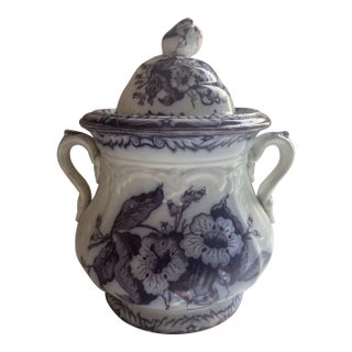 Antique Purple Transferware Sugar Bowl With Lilies and Rosebud Finial For Sale