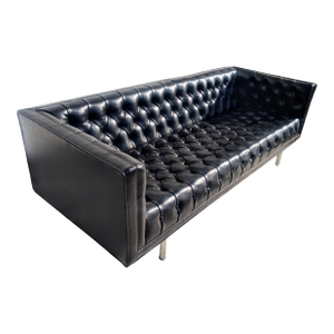 Attributed Jack Cartwright Mid-Century Faux Black Leather Tufted Even Arm Sofa