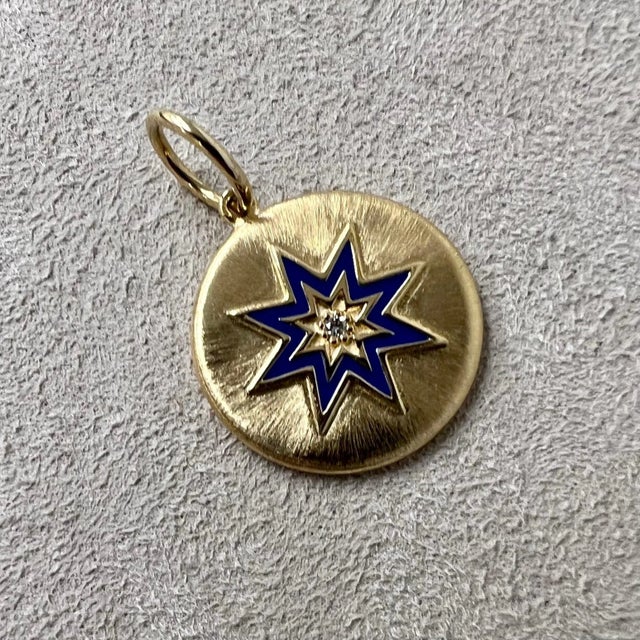 Contemporary Syna Yellow Gold Cosmic North Star Lapis Enamel Pendant with Diamond For Sale - Image 3 of 5