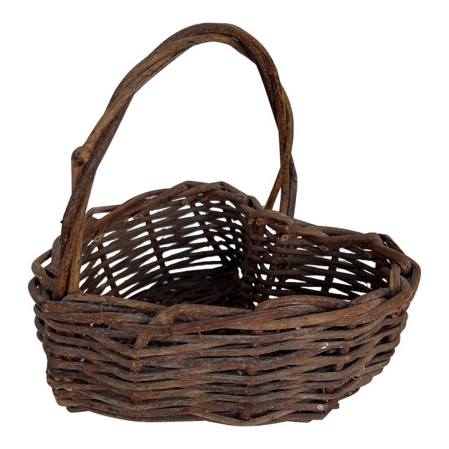 Mid 20th Century Vintage Rustic Heart Shaped Basket With Handle For Sale