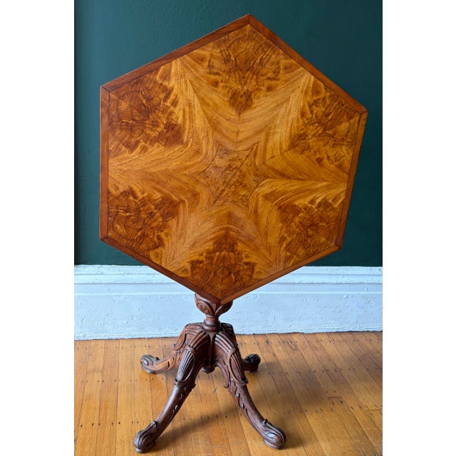 Late 19th Century Carved Burled Ash Tilt-Top Hexagon Table For Sale - Image 9 of 10