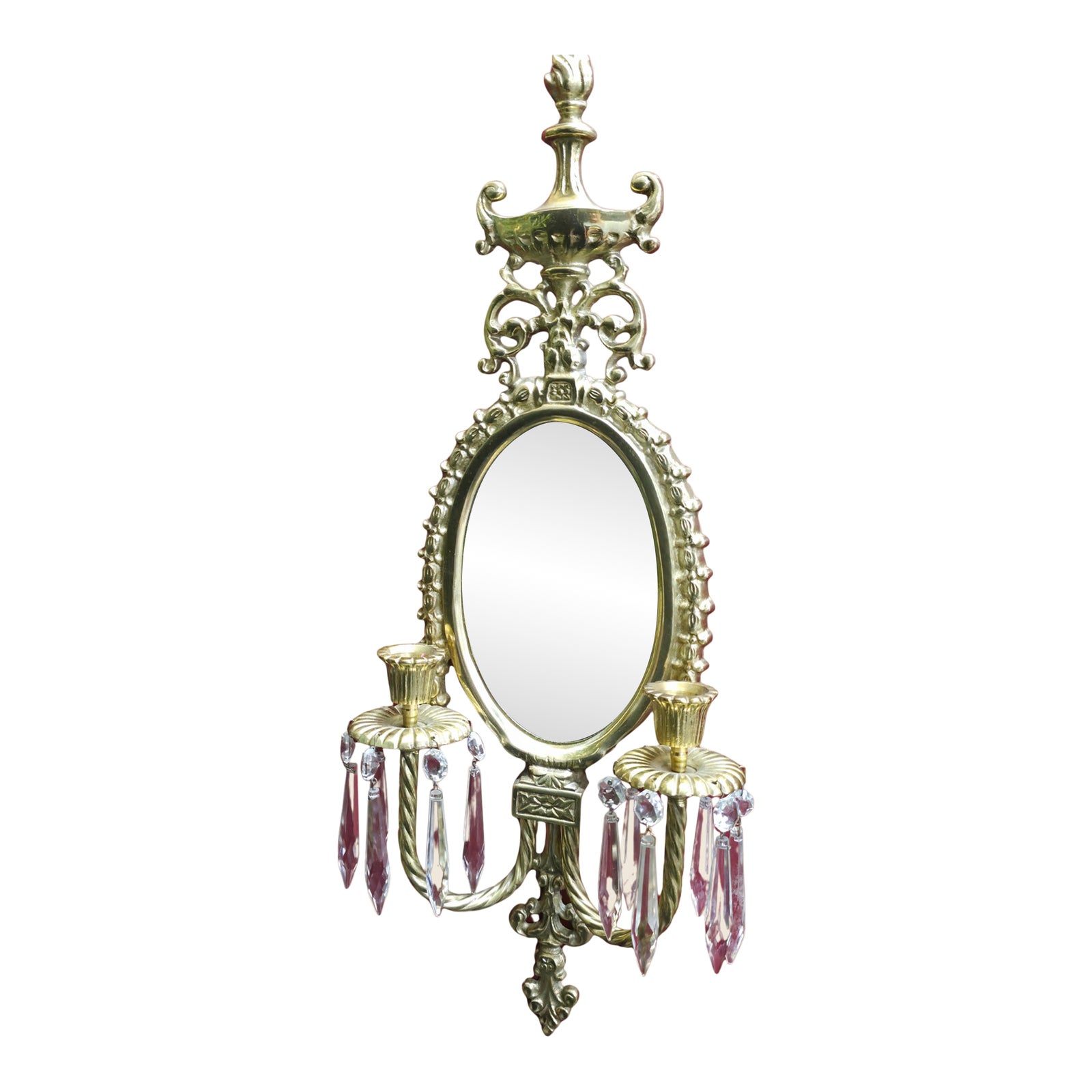 1950s Rococo Revival Brass Mirrored Candle Sconce With Crystal Prisms ...