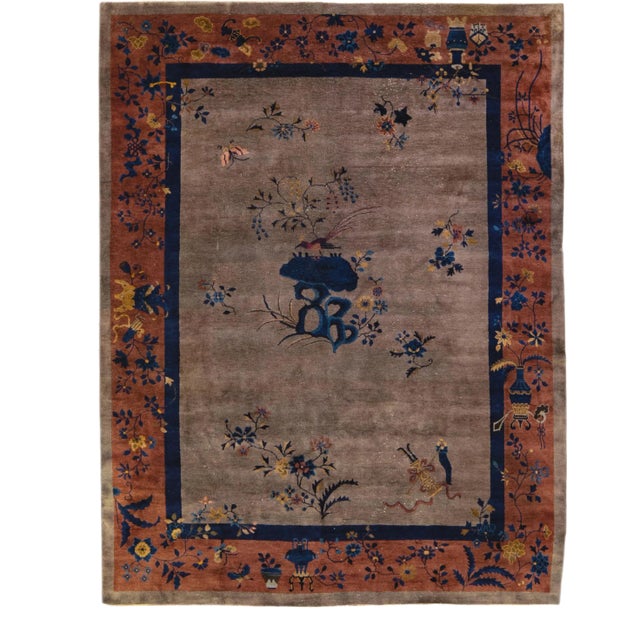 Art Deco Handmade Floral Chinese Motif Wool Rug For Sale