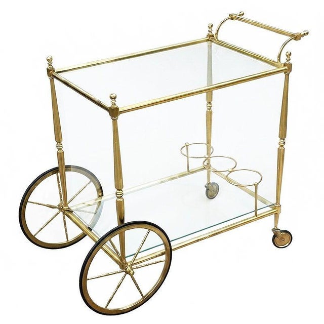 Mid-Century Modern Mid-Century Regency French Solid Brass & Glass Bar Cart W/ Bottle Holder For Sale - Image 3 of 11