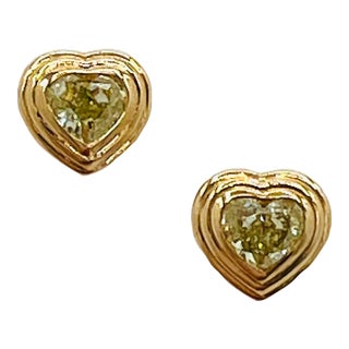 Yellow Diamond Heart Stud Earrings Double Bezel With Ridges in 18k Yellow Gold, A Pair For Sale