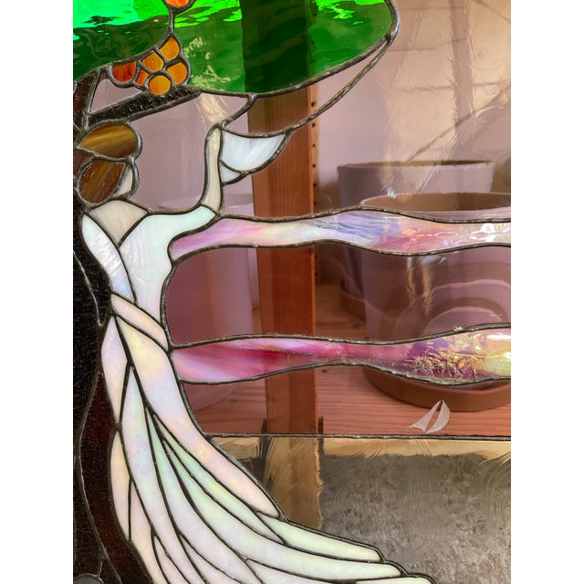 Late 20th Century Vintage Stained Glass Art Panel Depicting Woman in Flowing White Dress Beneath Tree With Fruit, Framed in Wooden Oak Toned Frame For Sale - Image 5 of 10