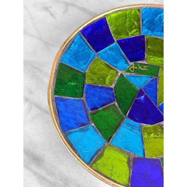 Glass Mid-Century Jon Matin Mosaic Blue & Green Foil Glass Catchall Bowl For Sale - Image 7 of 11