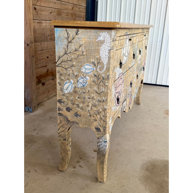 Tan GuildMaster Coastal Hand-Painted Grasscloth Fish Sideboard Credenza For Sale - Image 8 of 12