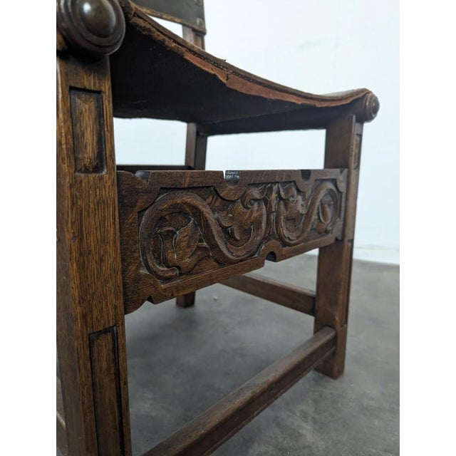 Gothic Chairs in Oak and Studded Leather, Set of 8 For Sale - Image 9 of 14