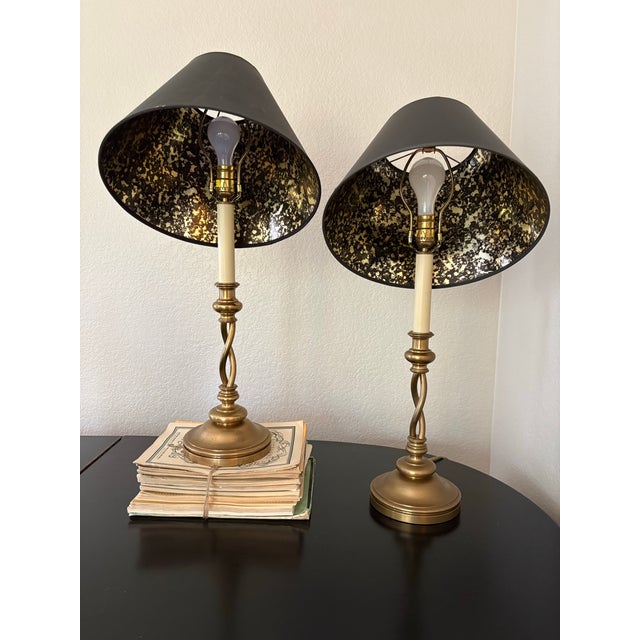 Hollywood Regency Chapman Manufacturing Co. Brass Barley Twist Candlestick Table Lamps With Foil Shades – Pair For Sale - Image 3 of 12