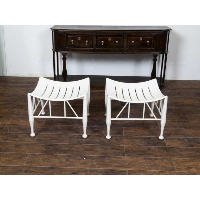 Wood Pair of Vintage English Egyptian Revival White Thebes Stools with Curving Seats For Sale - Image 7 of 12