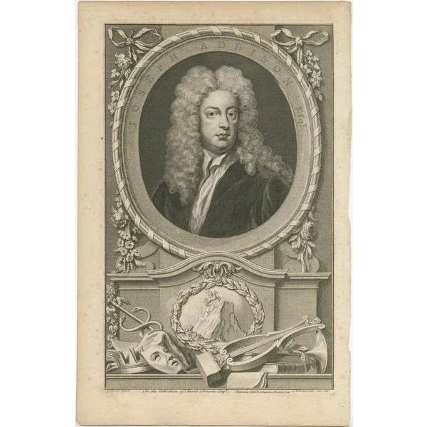 Antique portrait titled 'Joseph Addison Esqr.'. Old print of Joseph Addison, English essayist, poet, playwright and...