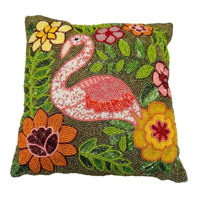 Vintage Beaded Flamingo Pillow For Sale