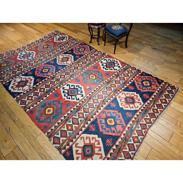 Red 19th Century Caucasian Kazak Kilim, Geometric Pattern, Wool Flatweave, Blue & Green, 7' X 12' For Sale - Image 8 of 18