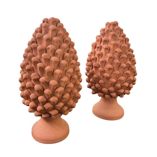 Mediterranean Pair of Hand-Finished Terracotta Pine Cone Finials For Sale - Image 3 of 12