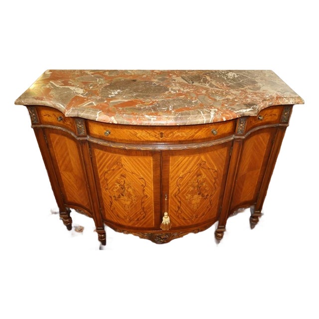 1920's French Louis XVI Style Marble Top Satinwood Inlaid Chest Dresser Commode For Sale