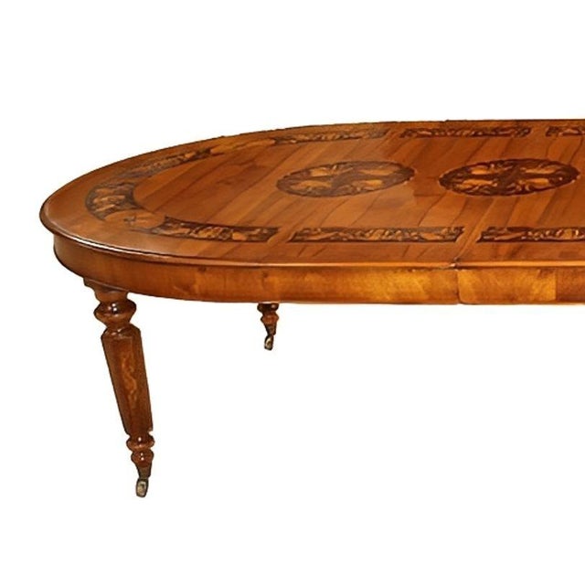 Wood 1950's Italian Marquetry Oval Dining Table With Musical Inlay & Extension Leaves For Sale - Image 7 of 10