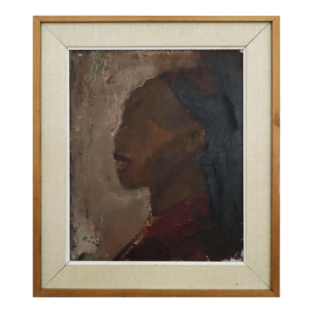 Mid-Century Modern 'Profile in Burgundy' Vintage Original Swedish Figurative Portrait Oil Painting, Framed For Sale