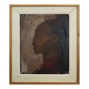 Mid-Century Modern 'Profile in Burgundy' Vintage Original Swedish Figurative Portrait Oil Painting, Framed