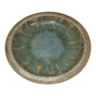 1990s Boho Chic Handmade Studio Art Teal Painted Drip Pottery Plate For Sale