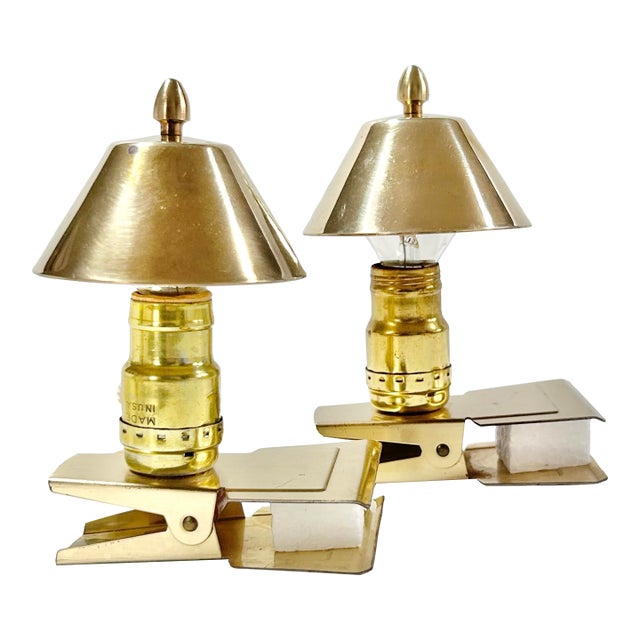 Vintage Mid-Century Modern Brass Clip Lamps Library or Bookshelf Reading Lights - a Pair For Sale