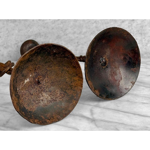 Antique Arts & Crafts Wrought Iron Forged Mantle Candlestick Holders - A Pair For Sale - Image 9 of 9