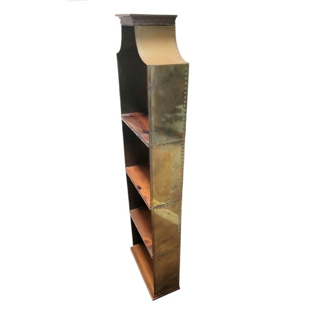 Valenti Vintage Rare Spanish Brass Clad Wood Pagoda Regency Sarreid Style Wall Shelf For Sale - Image 4 of 11