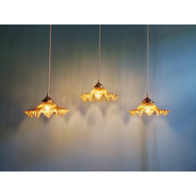 Amber-Colored Pleated Glass Pendant Lights, 1930s, Set of 3 For Sale - Image 12 of 18