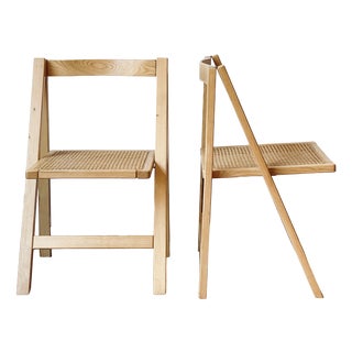 Folding Chairs in Pine Wood and Wicker Seats, Set of 2 For Sale