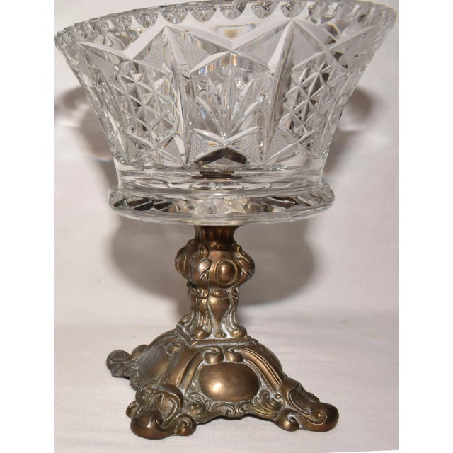 Mid-Century Modern Pair Mid Century Modern Crystal Glass Compotes With Brass Bases Elegant Cut Crystal Pedestal Bowls For Sale - Image 3 of 7