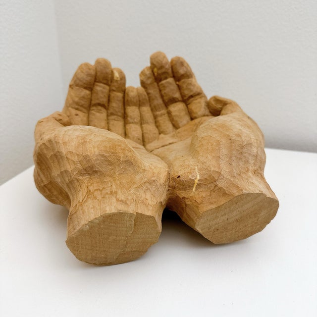 1950s Vintage Primitive Hand Carved Wooden Cupped Hands Sculpture Folk Art Bowl Decor For Sale - Image 5 of 9
