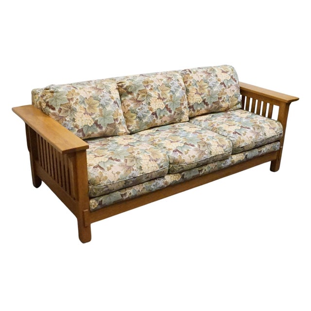 FLEXSTEEL Quarter Sawn Oak Mission Style 82" Sofa w. Floral Upholstered Cushions 31" High 82.25" Wide 57.25" Deep Arms:...