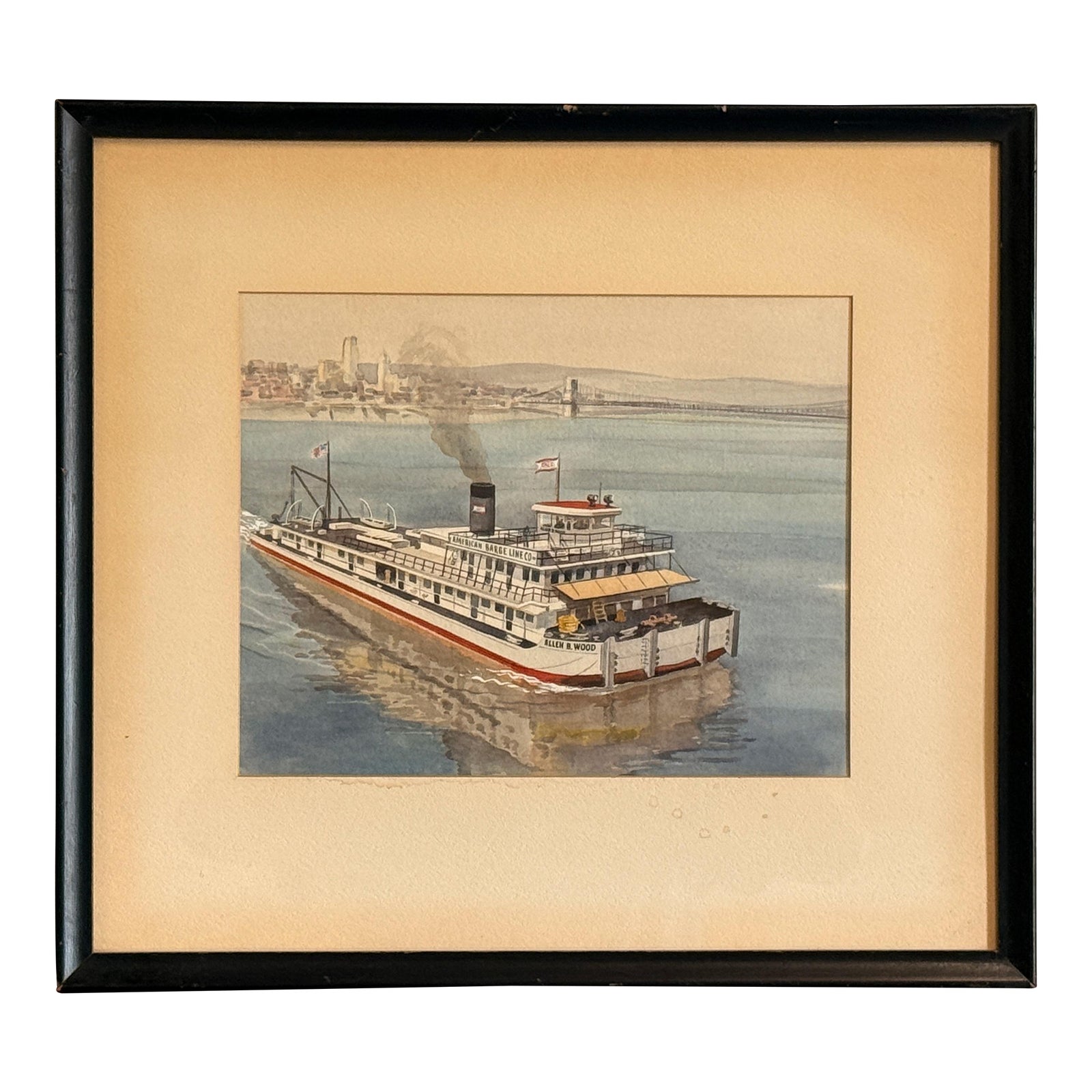 Robert Wathen Watercolor and Gouache Painting of Steam Boat "Allen B. Wood" American Barge Line Co.