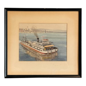 Robert Wathen Watercolor and Gouache Painting of Steam Boat "Allen B. Wood" American Barge Line Co.