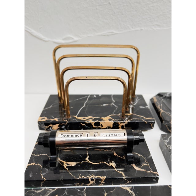 Vintage 1940s Portoro Italian Black Marble Desk Set 5 Piece Set
