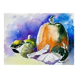 1980s Martha Stiles Pumpkin and Vegetable Still Life Watercolor For Sale