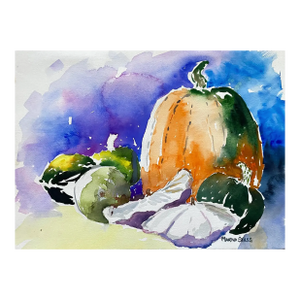1980s Martha Stiles Pumpkin and Vegetable Still Life Watercolor