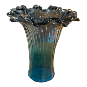 Murano Art Glass Teal Ribbed Trumpet Vase