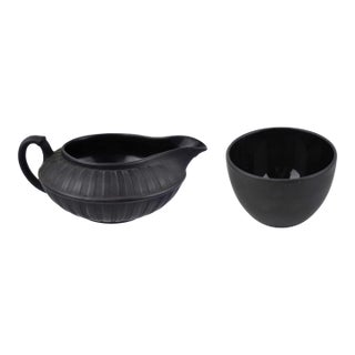 19th Century Antique Wedgwood Black Basalt Engine-Turned Creamer & Sugar Bowl - Set of 2 For Sale