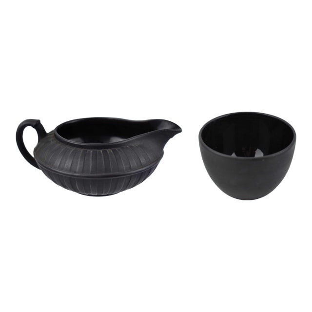 19th Century Antique Wedgwood Black Basalt Engine-Turned Creamer & Sugar Bowl - Set of 2 For Sale