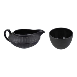 19th Century Antique Wedgwood Black Basalt Engine-Turned Creamer & Sugar Bowl - Set of 2