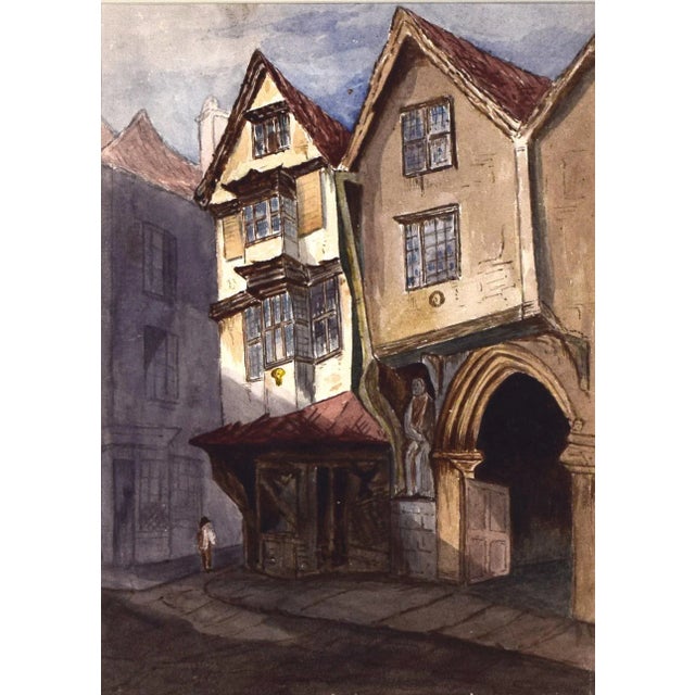 Antique English Watercolor Painting of Tudor House Cityscape Late 19th Century For Sale - Image 4 of 8