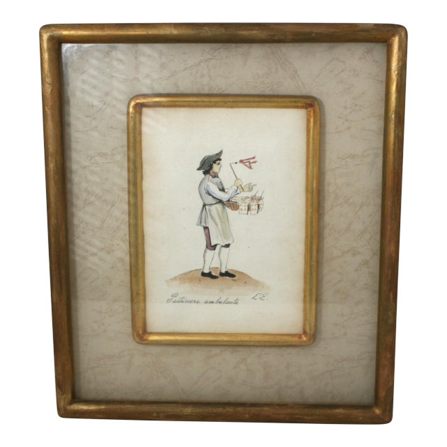 Early 20th Century Framed Italian Watercolor Street Cry Traveling Pastry Chef Painting "Pasticcere Ambulante" For Sale