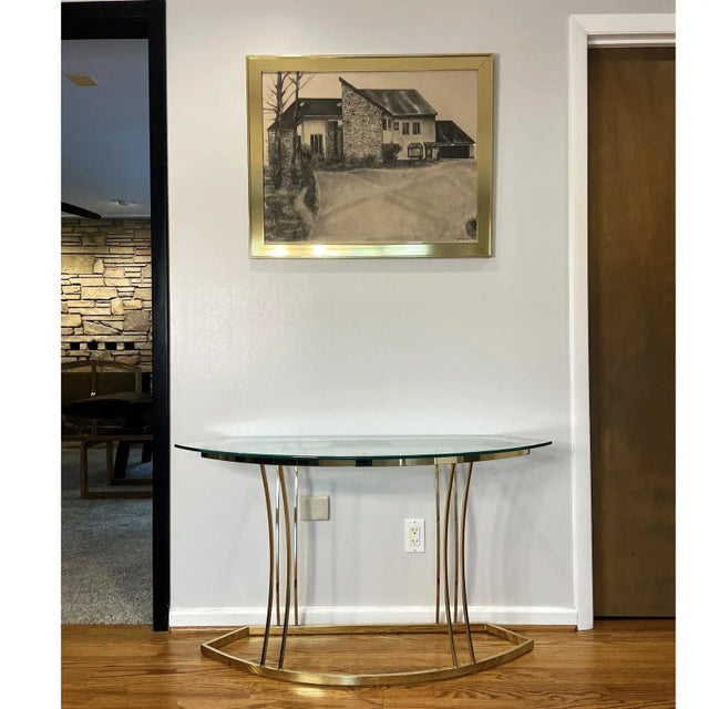 1970s Curved 1970s Gold Brass Colored Sofa Table Console With Glass Top For Sale - Image 5 of 12