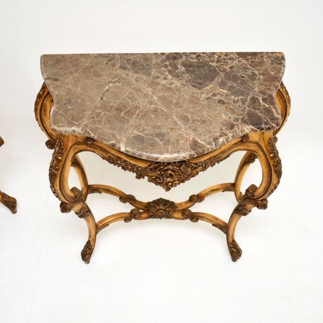 Vintage French Console Tables in Gilt Wood with Marble Tops, 1950, Set of 2 For Sale - Image 6 of 13