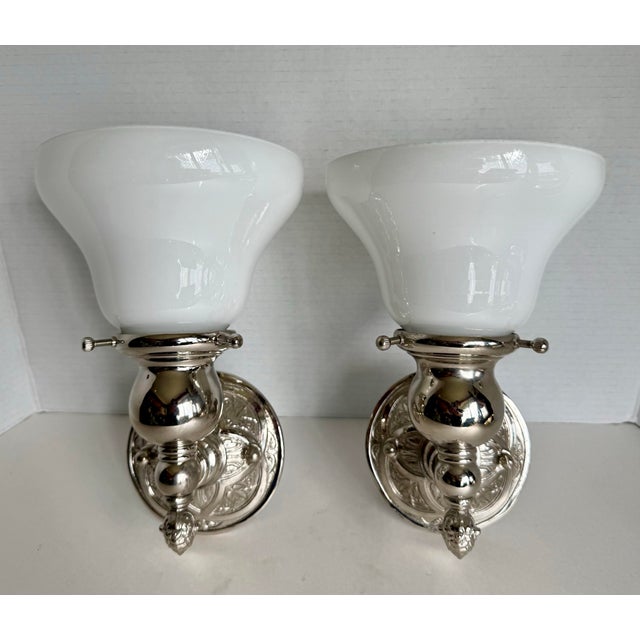 Pair of Art Deco–Inspired Chrome & Opal (Milk) Glass Bathroom Wall Sconces For Sale - Image 10 of 12
