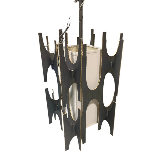 Brutalist Iron Pendant Lamp With Gold Leaf Accent For Sale - Image 4 of 8