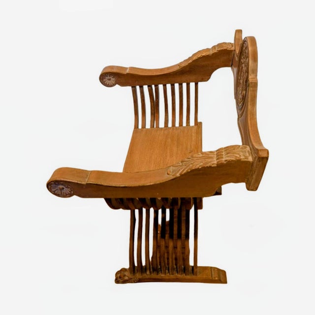 Renaissance Mid 20th Century Carved Wood Savonarola Chair With Asian Crest on Backrest For Sale - Image 3 of 12